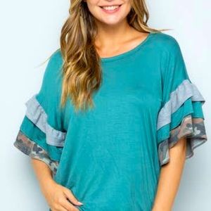 Jade Camo Ruffle Sleeve Top
